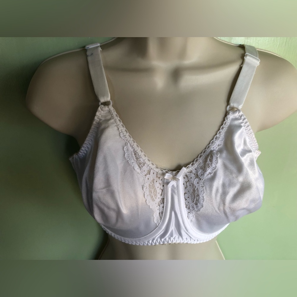BALI Vintage Womens Bra 36DD Sheer Underwire White Satin Lace Granny
